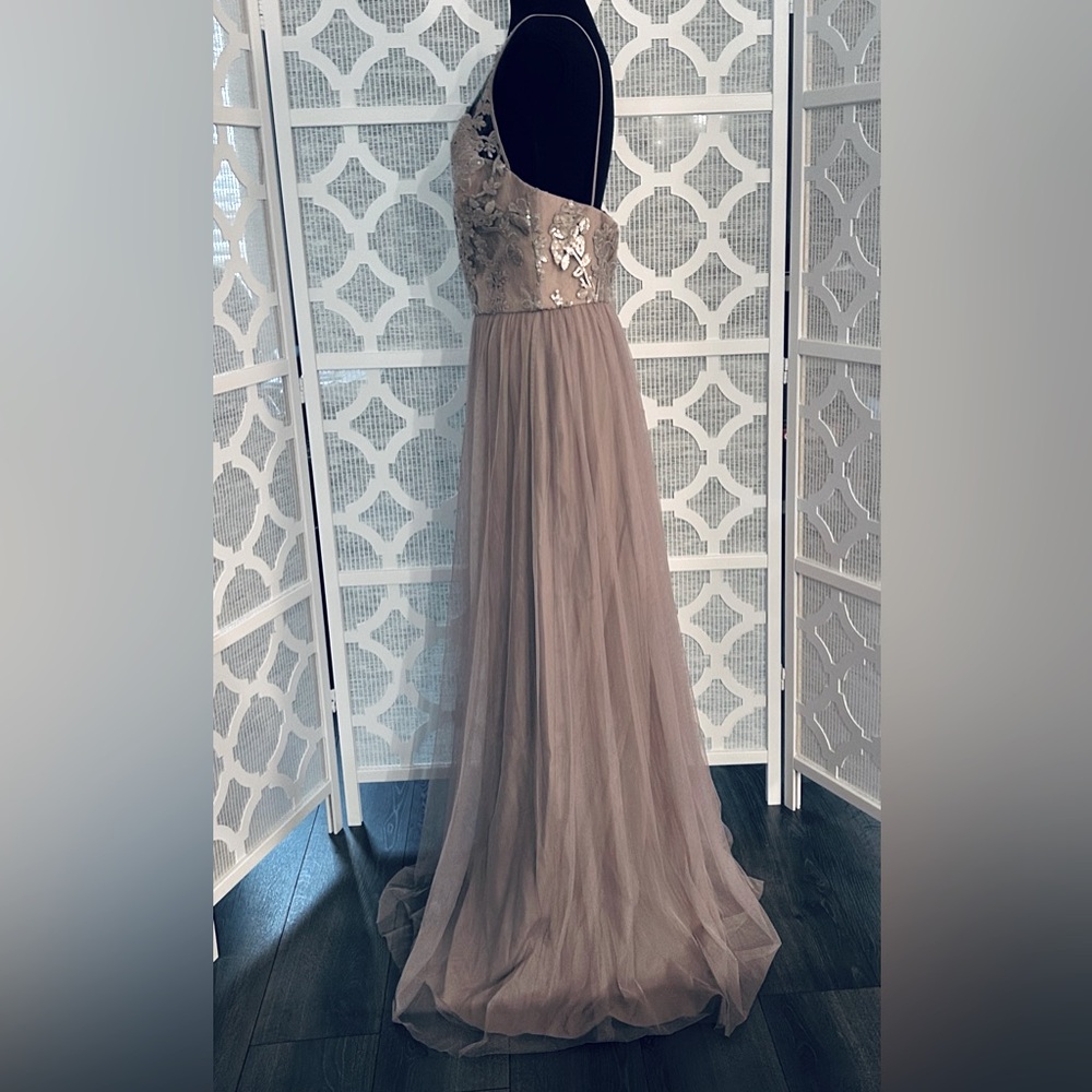 NWT SZ 10 AMSALE Formal Dress Sequins Lace Tulle Maxi Latte Taupe Sora Champagne - Picture 5 of 12